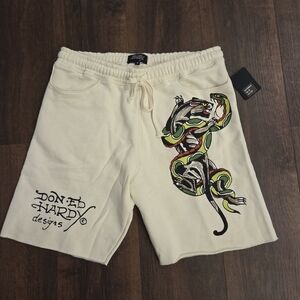 Y2K NWT Ed Hardy Men's Cream Shorts with Snake Graphic